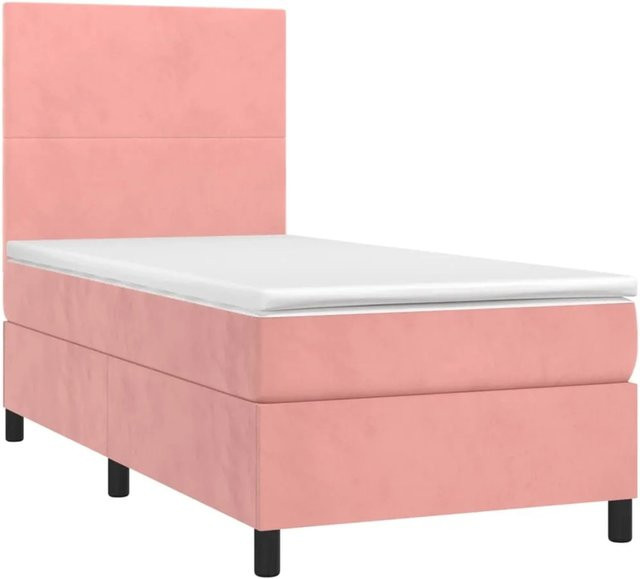 vidaXL Boxspringbett mit Matratze in Rosa, Samt, Hybrid mit LED-Unterbettbeleuchtung und USB-Anschluss, B/T/H: 90 x 200 x 128 cm - Bild 1