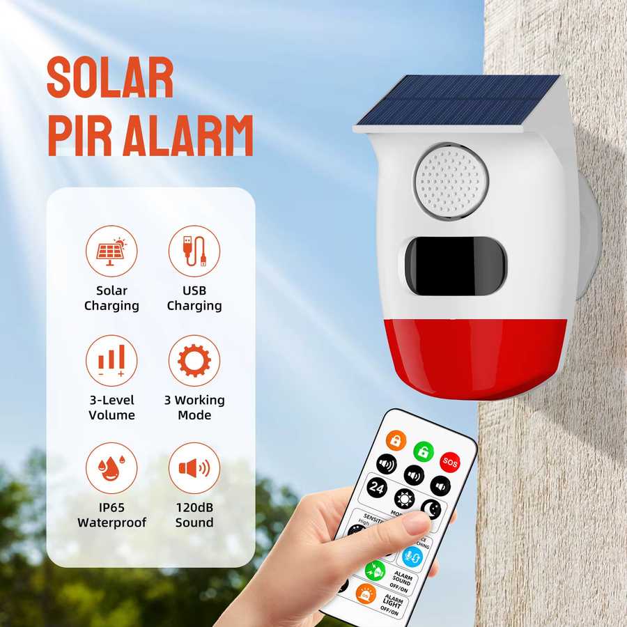 PGST Solarbetriebener Alarmmelder mit 120dB Sirene und PIR Infrarot-Bewegungssensor für den Outdoor-Einsatz, wasserdicht - Bild 2
