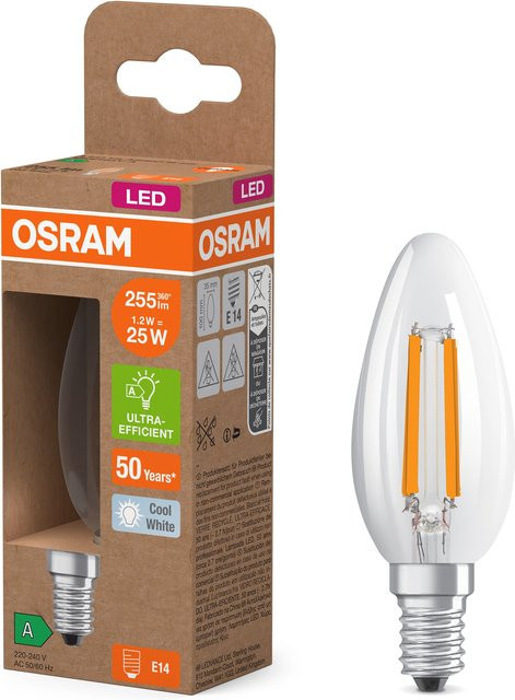 Osram LED Classic B Energy Efficiency A LED-Lampe, Kerzenform, Transparent, 1,2 W (entspricht 25 W), 255 lm, Kaltweiß, 4000 K, CRI 80 - Bild 1