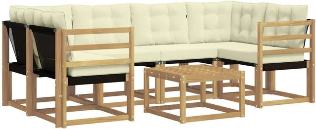 vidaXL Outdoor-Sofagarnitur 7-teilig aus Akazienholz in L-Form mit Kissen und Tisch, Weiß und Beige - Bild 1