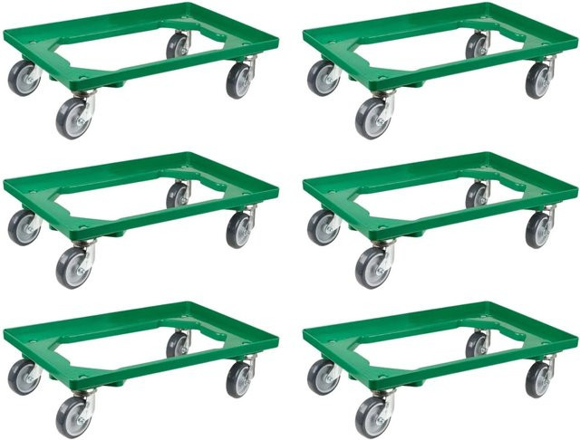 PROREGAL SparSet 6x Transportroller für Euroboxen 60 x 40 cm, Grün, mit Gummirädern, offenes Deck, 2 Lenkrollen und 2 Bockrollen, Traglast 300 kg - Bild 1