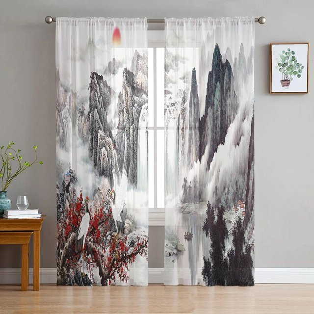 Yiran Furniture Chiffon Gardine mit Landschaftsmotiv, transparent, mehrfarbig, B: 135 cm, H: 115 cm - Bild 1