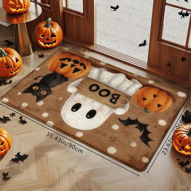 VIKAMA Halloween Fußmatte mit Orange Cat Jack-O'-Lantern Ghost Pumpkin Motiv, rechteckig, Farbe: Orange, B x T: 60,0 x 40,0 cm - Bild 1