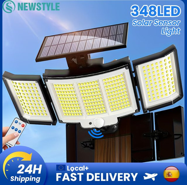 Solar-Außenleuchten mit 348 LEDs und Bewegungssensor, IP65 wasserdichte LED-Wandleuchte mit 3 Modi für Garten und Hof, schwarzes Solar-Flutlicht mit 3 Köpfen - Bild 1