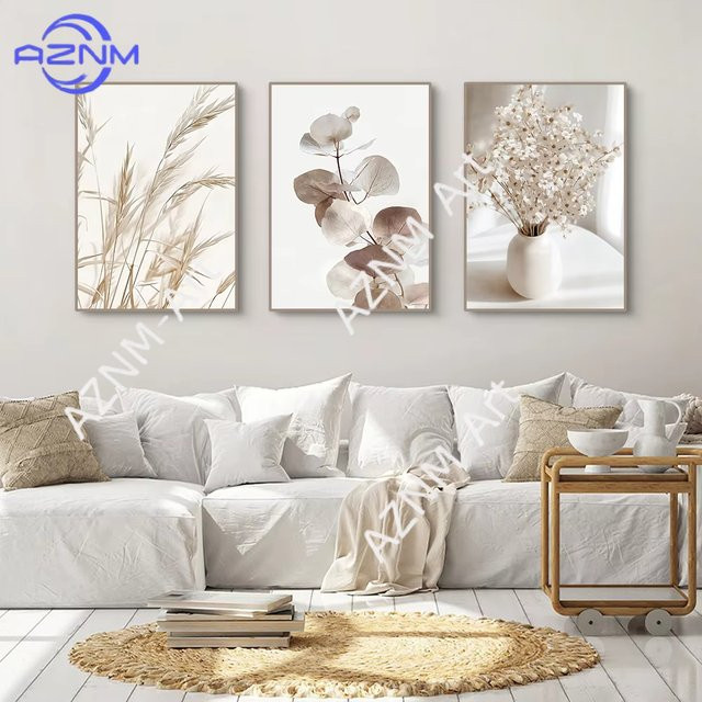 AZNM Leinwandgemälde Set im Bohemian-Stil mit floralem Design in Beige - Bild 1