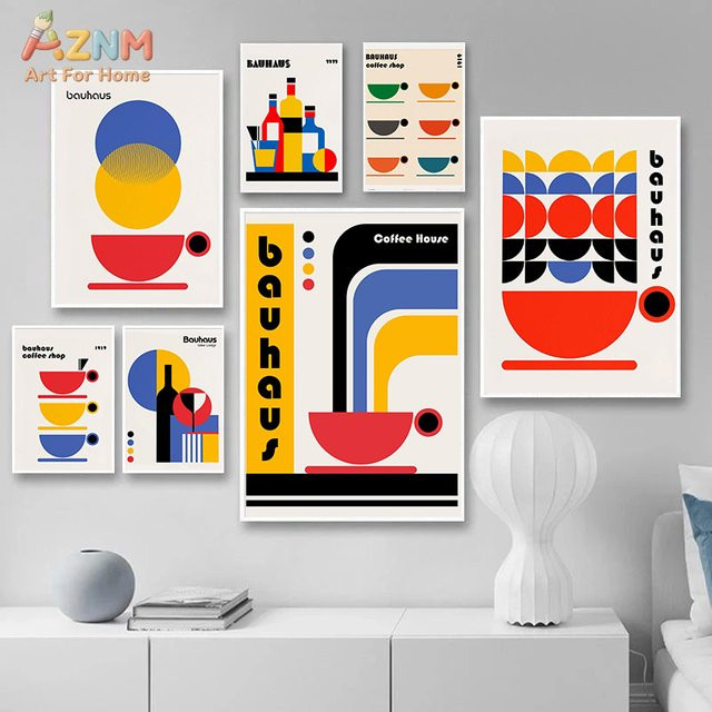 Kayou Bauhaus Wandbild mit abstraktem geometrischem Kaffee-Kunstmuster auf Leinwand, mehrfarbig, rechteckig - Bild 1
