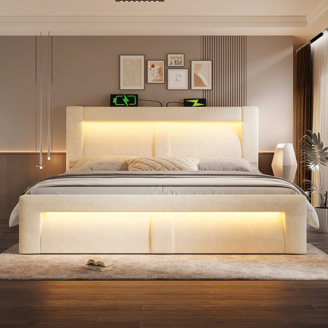KOMHTOM Samt Doppelbett Beige mit hydraulischem Stauraum, LED Beleuchtung, USB und Type C Anschlüssen, B/T/H: 90 x 200 cm - Bild 1