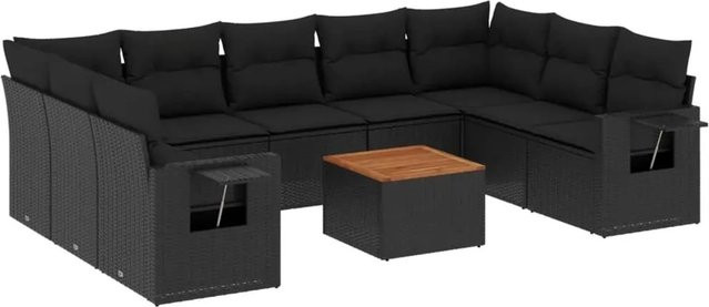 vidaXL 10-tlg Garten-Sofagarnitur in L-Form aus Polyrattan und Akazienholz mit Kissen, Schwarz - Bild 1