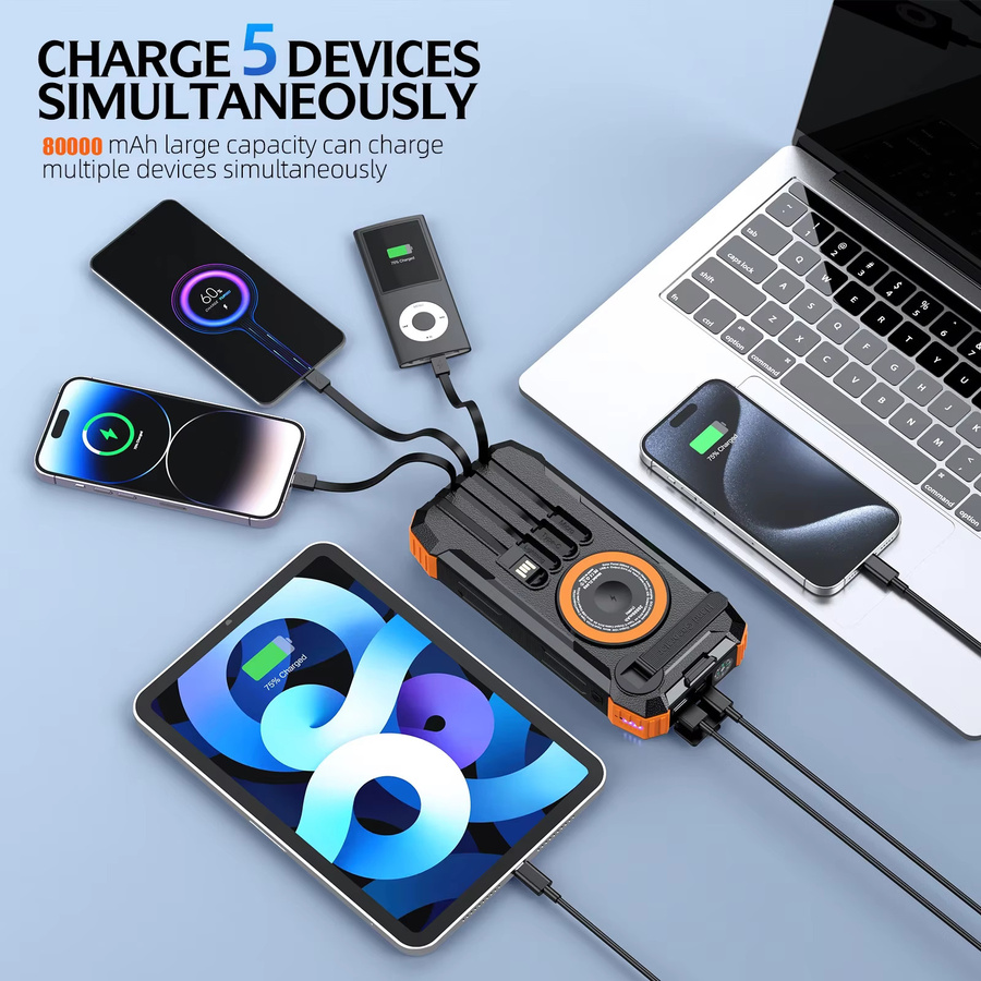 Rscrola Magnetische Kabellose Powerbank mit Solar-Handkurbel und LED-Notlicht, 50000mAh, Schwarz - Bild 5