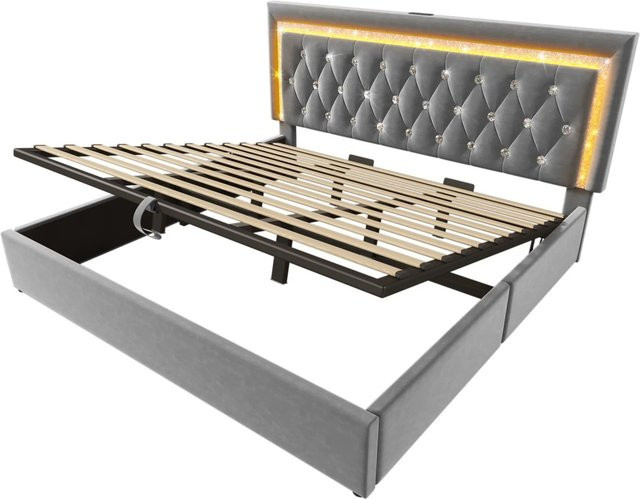 okwish Polsterbett mit LED-Unterbettbeleuchtung und USB-Type-C-Anschluss in Grau, B/T/H: 180 x 200 x 104 cm - Bild 1