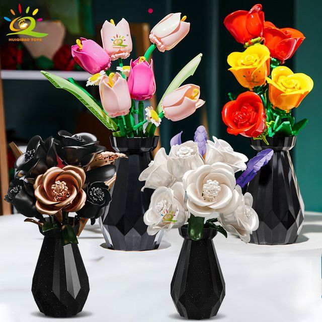 HUIQIBAO MOC Blumenmodell Bausteine Rose und Tulpe Bouquet in Schwarz und Weiß als 3D Ziegel Spielzeug für die Dekoration oder als Valentinstagsgeschenk für Mädchen - Bild 1