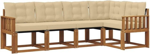 vidaXL Outdoor-Sofagarnitur 5-teilig in L-Form aus Akazienholz mit Textilene und Kissen in Natur-Beige - Bild 1