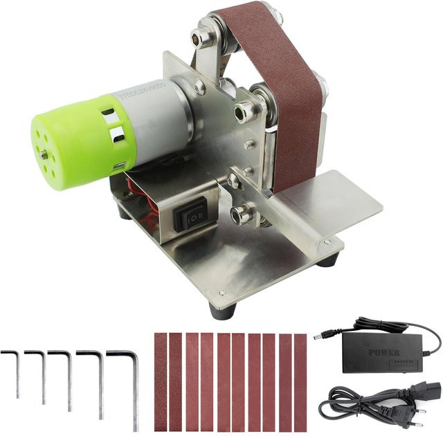 Aimo Mini-Bandschleifer mit 7 variablen Geschwindigkeiten und 10 Schleifbändern, elektrisches Schleifgerät und Poliergerät in Silber - Bild 1