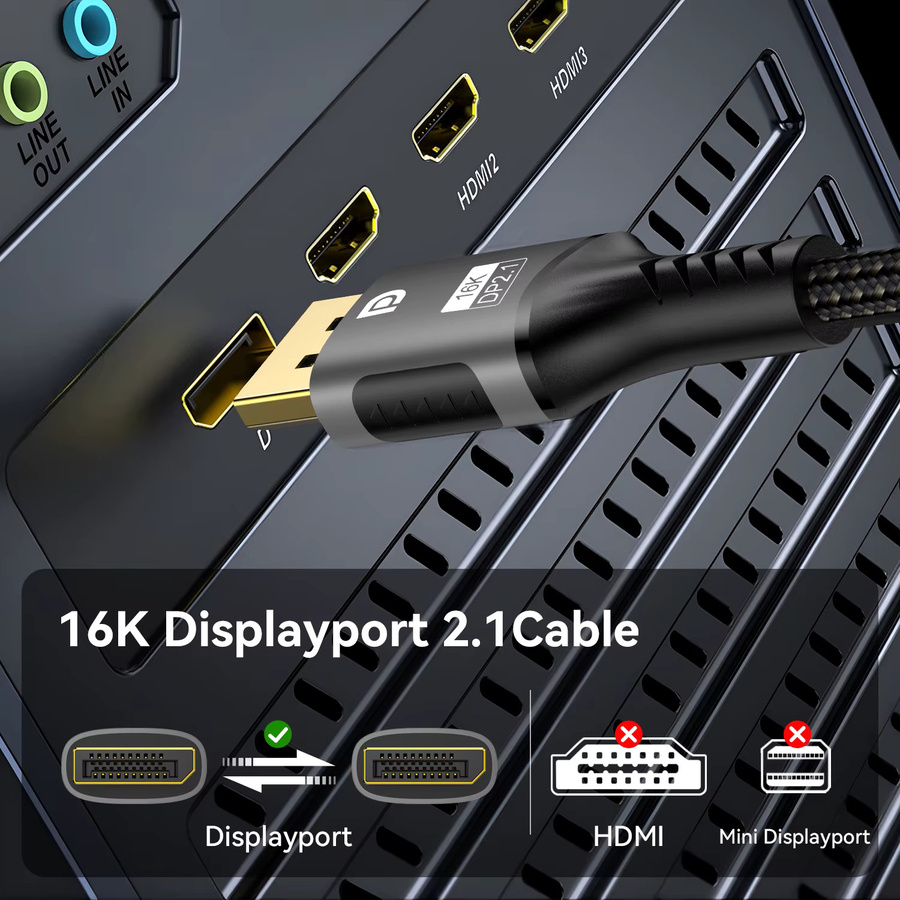 FDBRO DisplayPort-Kabel 2.1 in Schwarz für Gaming-Monitore und Grafikkarten mit 54 Gbit/s, unterstützt 16K@30 Hz, 8K@120 Hz/60 Hz und 4K@60 Hz/144 Hz/240 Hz sowie FreeSync - Bild 3