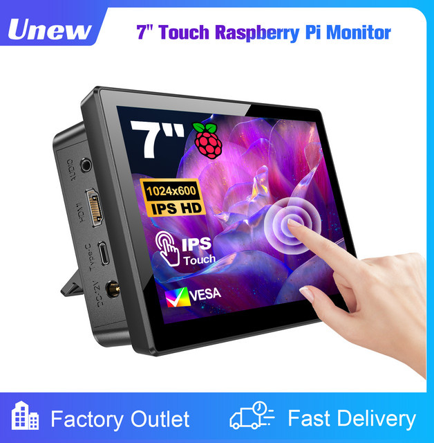 UNEW 7-Zoll Touchscreen Monitor mit HDMI und USB-C in Schwarz für Raspberry Pi 3 und 4 sowie Banana Pi, Auflösung 1024x600 - Bild 1