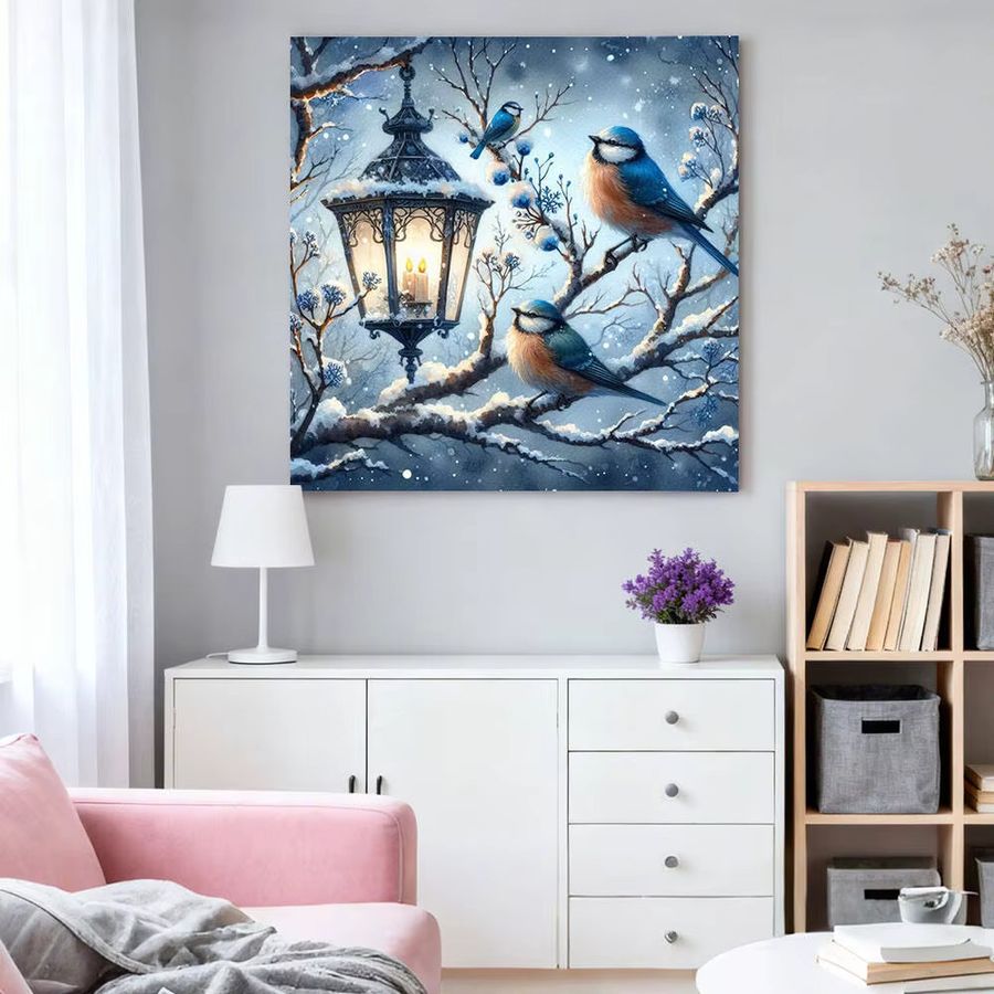 HUACAN Diamant-Gemälde Vogel Motiv mit runden Diamanten als Wanddekoration für dein Zuhause im Winter-Design - Bild 3