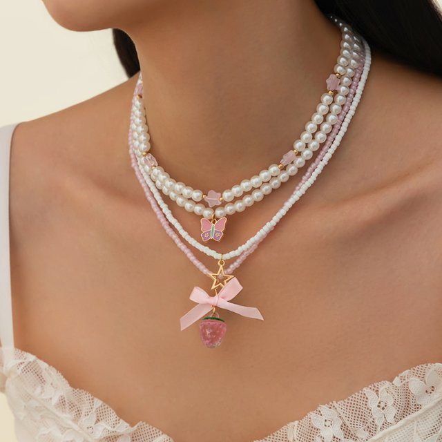 Salircon Halskette Set, Rosa Erdbeere, Perle, Damen - Bild 1