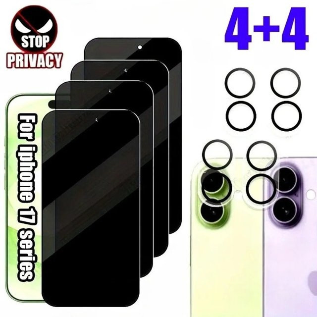 4er-Set Anti-Spionage-Displayschutzfolie für iPhone 17 16 15 14 13 12 11 Pro Max Plus inklusive 4 Stück HD-Kameraobjektivglas - Bild 1