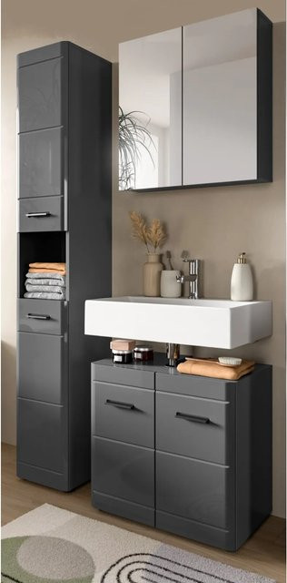 Inn.Furn Badmöbel-Set 3-teilig Grau Hochglanz mit Waschtischunterschrank, Spiegelschrank und Hochschrank sowie Soft-Close-Funktion, Breite: 105 cm, Höhe: 190 cm, Tiefe: 34 cm - Bild 1