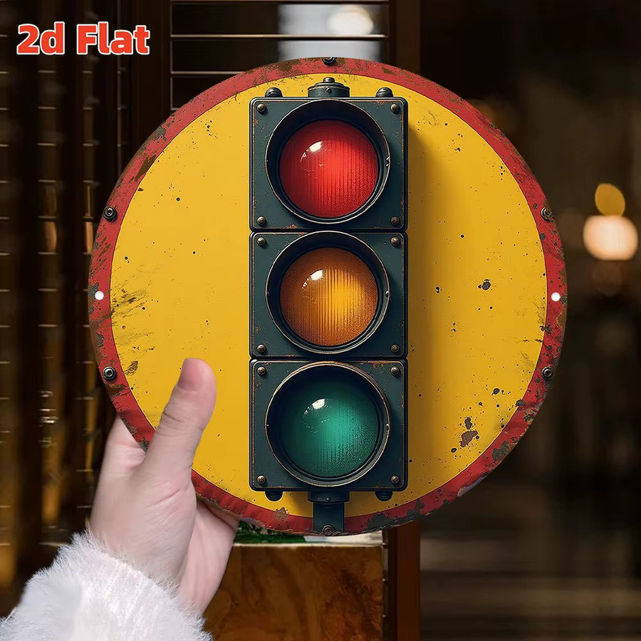 Potdemiel Retro Ampel Wandkunst aus Metall, Industrielles Schild in Gelb mit Rot und Grün, B/H: 19,81 x 19,81 cm - Bild 2