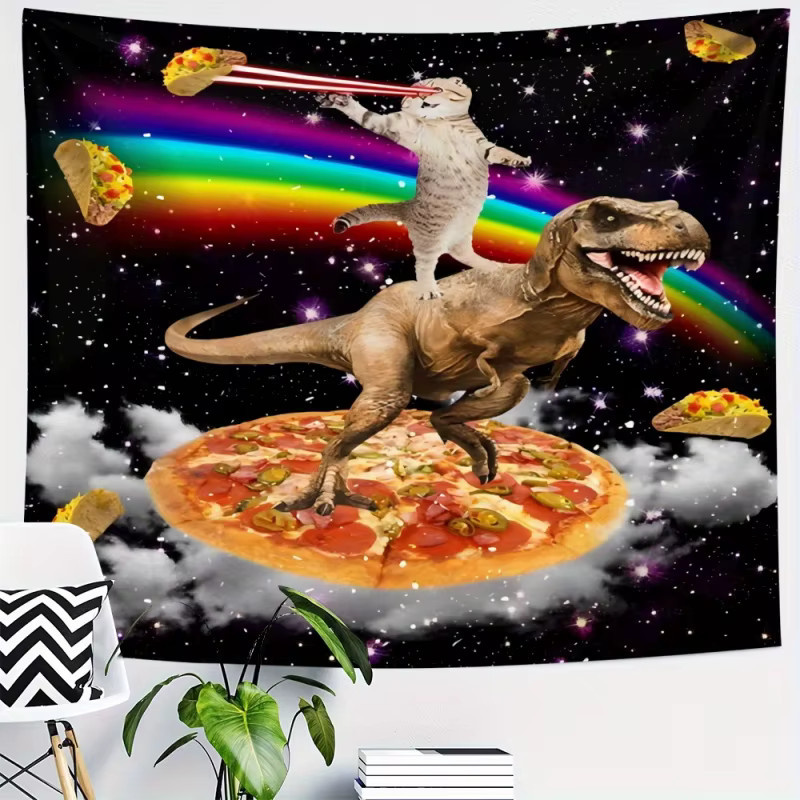 VIKAMA Fantasy Cartoon Wandteppich mit Tyrannosaurus Rex, Pizza und Regenbogen, Mehrfarbig, Breite: 60 cm, Höhe: 40 cm - Bild 4