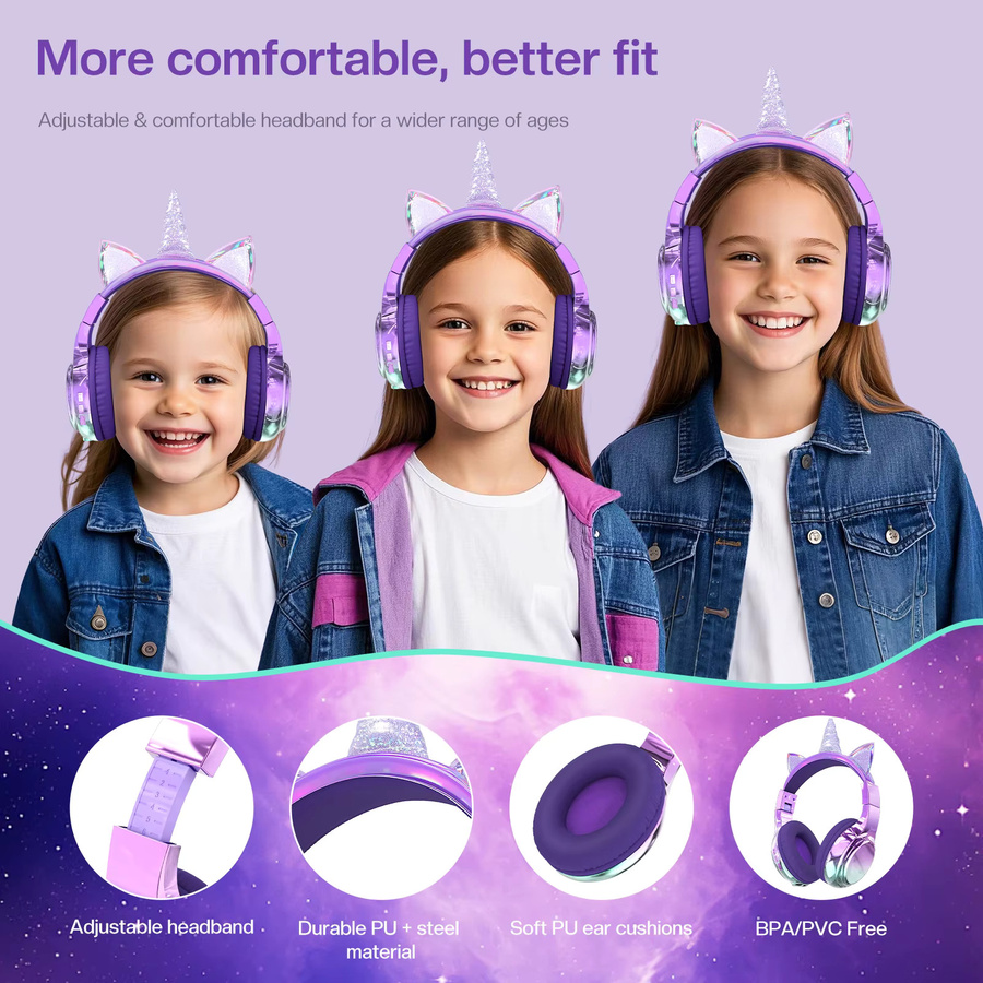 QearFun Einhorn-Bluetooth-Kopfhörer für Kinder und Mädchen in Lila, faltbares Katzenohr-Headset - Bild 6