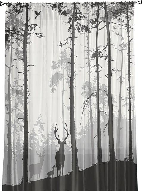 Transparente Tüll-Vorhänge mit Rentier- und Tannenzapfen-Motiv von Your Warm Home, Weiß, B: 135 cm, H: 160 cm - Bild 1