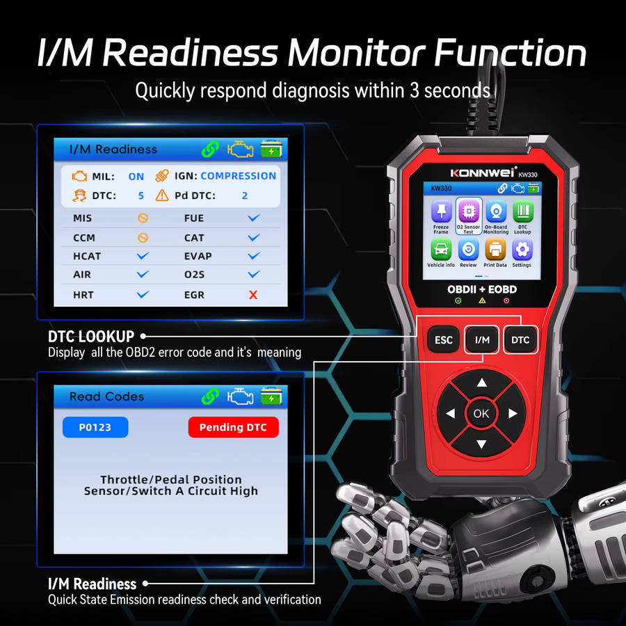 KONNWEI KW330 OBD2 Scanner Auto-Diagnosegerät in Rot zur Fehlercode-Auslesung und Batterieprüfung - Bild 4