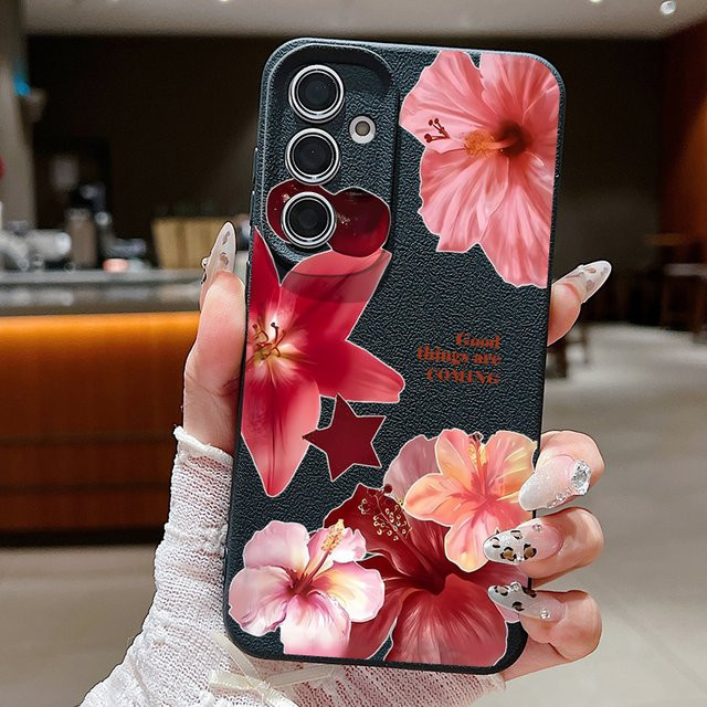 Silikonhülle mit Blumenmuster und Lederstruktur für Samsung Galaxy S25 Edge S24 FE S23 S22 S21 Ultra A17 A56 A55 A36 A15 A16 in Grau und Mehrfarbig - Bild 1