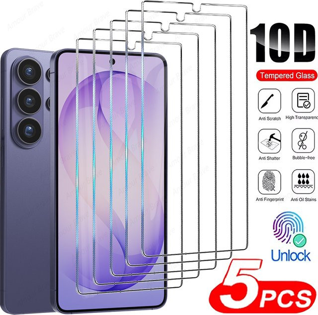 5 Stück Displayschutzfolie aus gehärtetem Glas für Samsung Galaxy S26 S25 S24 S23 S22 S21 Ultra Plus FE transparent mit Fingerabdruck-Entsperr-Funktion - Bild 1