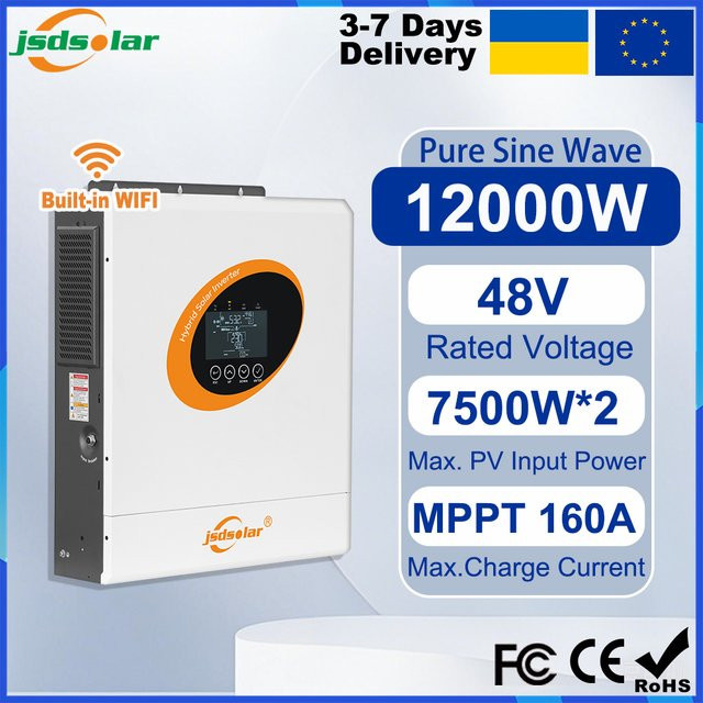 Jsdsolar 12kW Hybrid Solar-Wechselrichter Off-Grid mit 48V, 160A MPPT, Reine Sinuswelle, WiFi und Doppelausgang, Weiß - Bild 1