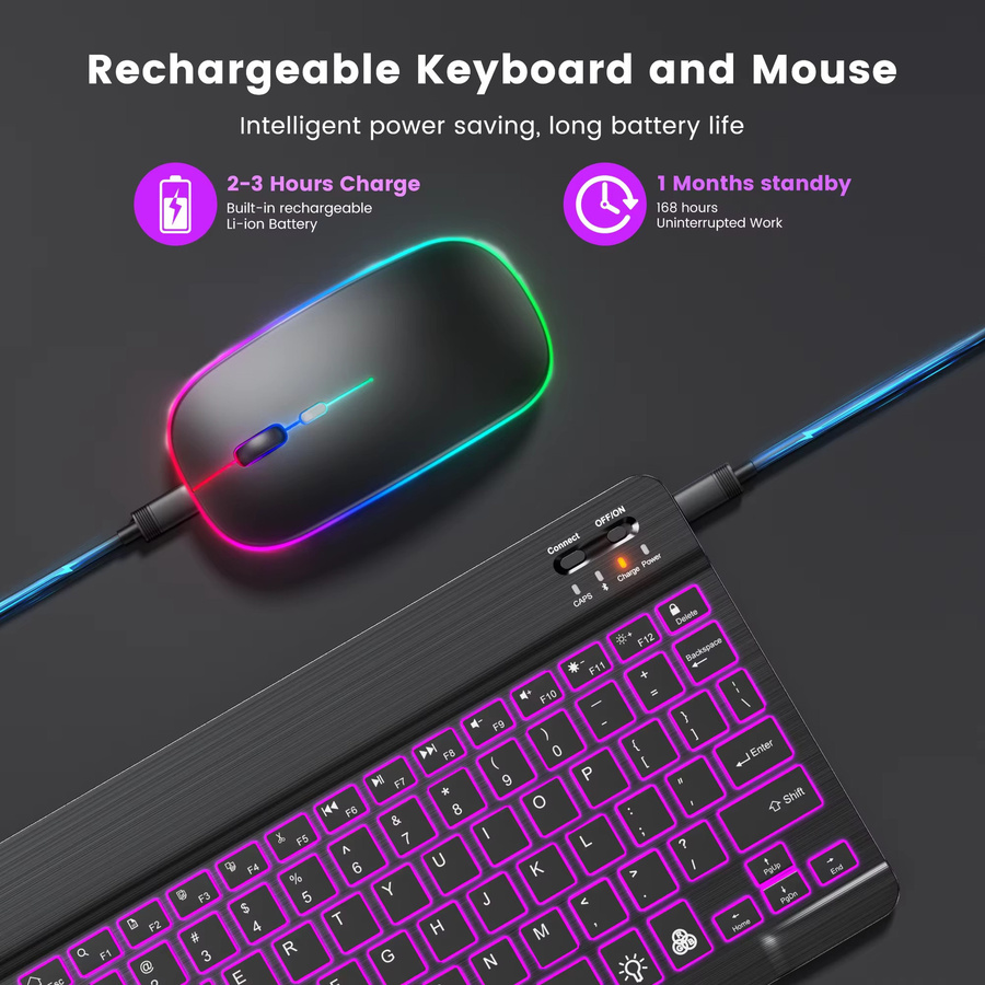 EMTRA Bluetooth-Tastatur und Maus Set mit Hintergrundbeleuchtung in Schwarz für iOS, Android und Windows sowie iPad Pro und Air - Bild 2