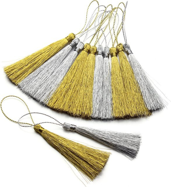 30 Stück Polyester Seidenquasten in Gold und Silber für DIY Kleidung Schmuck und Lesezeichen, Größen: 4 cm, 6 cm und 8 cm - Bild 1