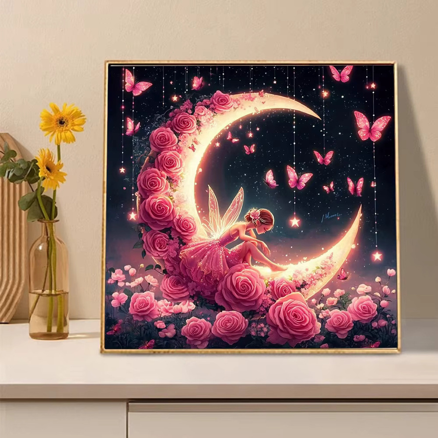 Huacan Diamant-Malerei Rose Pink mit floralem Motiv, runde Wanddekoration als Mosaik-Canvas, Durchmesser: 20 cm - Bild 2