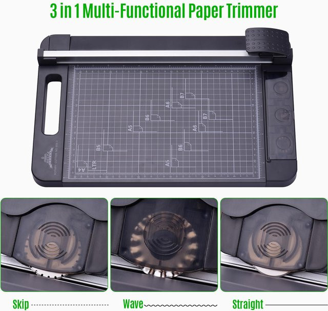 JIELISI 3-in-1 Multifunktionaler Papier Schneider für A4 in Schwarz mit gerade, Wellen und Zacken Schnittfunktionen - Bild 1