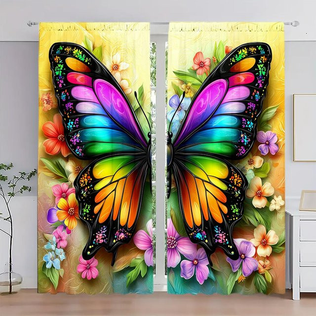 2er-Set bunte Schmetterlings-Vorhänge mit schillerndem Print, halbtransparent, B/H: 132 x 160 cm - Bild 1