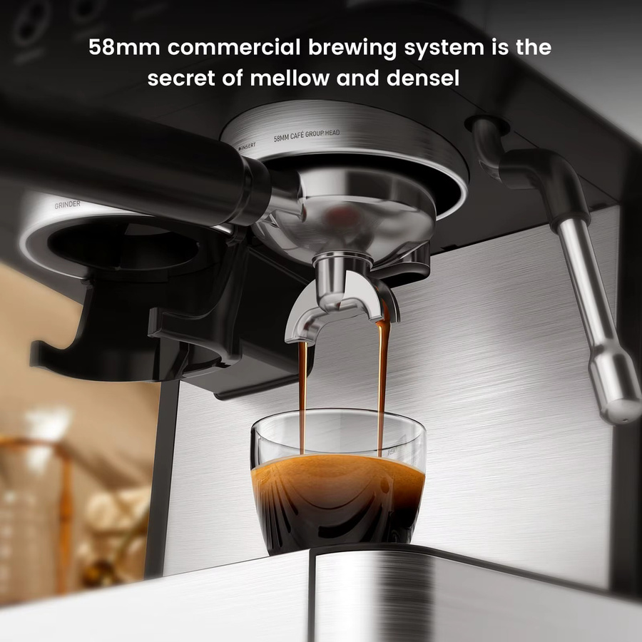 Acekool Espressomaschine mit integriertem Mahlwerk, 15 Bar Druck, 58 mm Siebträger, Dampfdüse und 2,3 l Wassertank, Schwarz-Silber - Bild 3