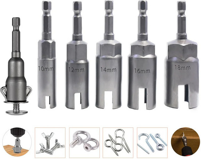 Sechskant-Flügelmutter-Schraubendreher-Set mit 1/4 Zoll Anschluss in Silber, leistungsstarker Steckschlüssel und Flügelmutter-Bohrer - Bild 1