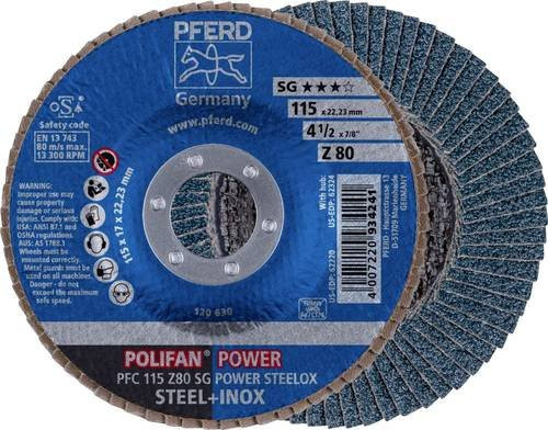 PFERD Power Steelox Fächerschleifscheibe Blau, Durchmesser: 115 mm, Bohrungs-Ø: 22,23 mm, Körnung: 80 - Bild 1