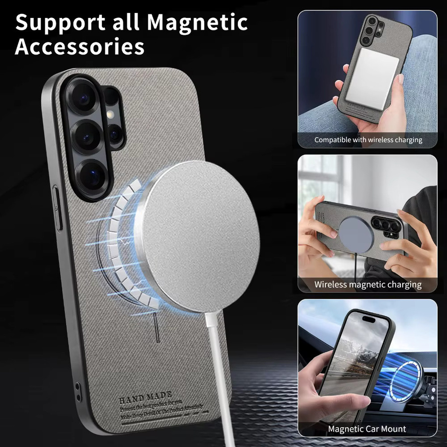 Luxuriöse kabellose Ladehülle mit Mattleder-Panel für Samsung Galaxy S26 Ultra, S25 Edge, S24 FE und S23 Plus mit weichem Rahmenschutz in Grün und Grau - Bild 2