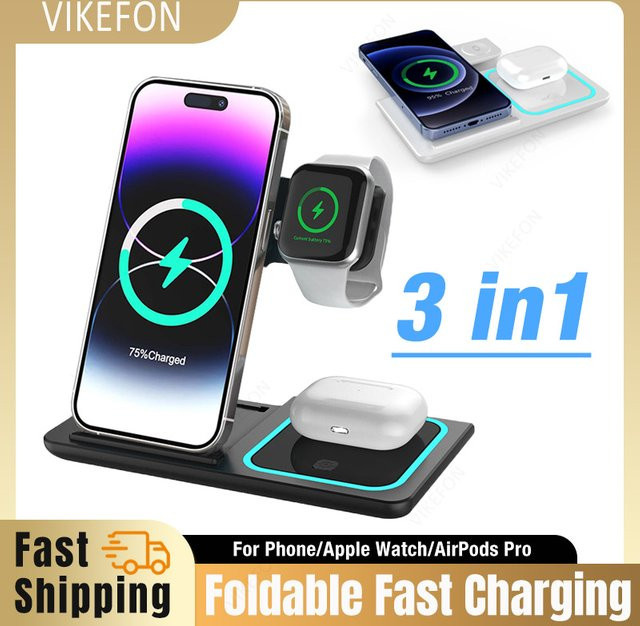 3-in-1 kabelloses Ladegerät mit LED-Licht und faltbarem Telefonständer für Apple iPhone, Apple Watch und AirPods in Schwarz - Bild 1