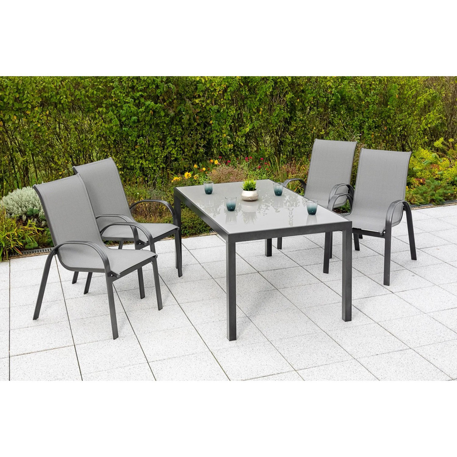 Merxx Amalfi Gartenmöbelset aus Aluminium und Textil, 5-teilig mit 4 Stapelsesseln und Gartentisch, Farbe: Graphit-Grau, Tisch B: 150 cm, T: 90 cm, H: 72 cm - Bild 2