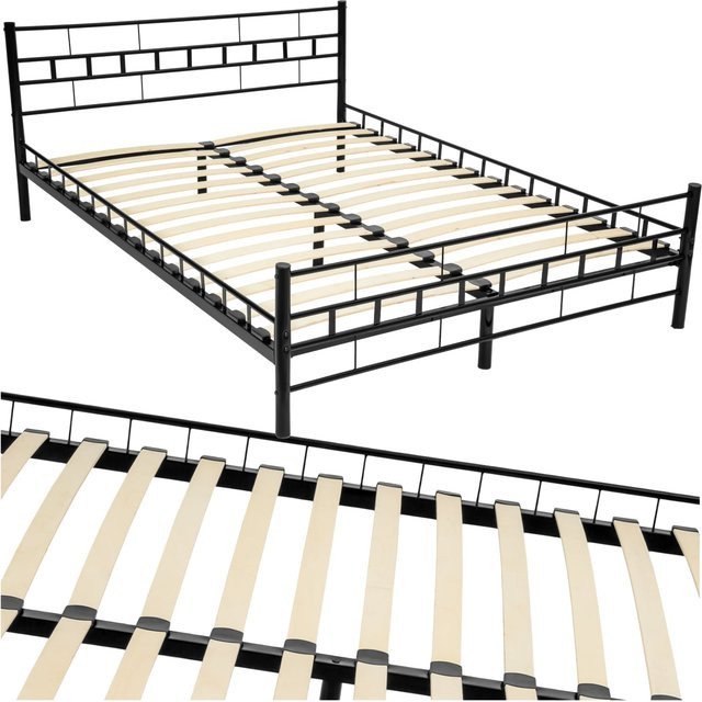 tectake Metallbett Malta aus Stahl mit Holzlattenrost in Schwarz, B/T/H: 147 x 203 x 76 cm - Bild 1