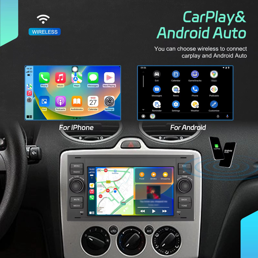 Podofo 7 Zoll Autoradio mit 6 GB RAM und 128 GB Speicher in Schwarz für Transit Fiesta Focus Galaxy Mondeo mit Carplay, Android Auto, WIFI und GPS-Navigation - Bild 3