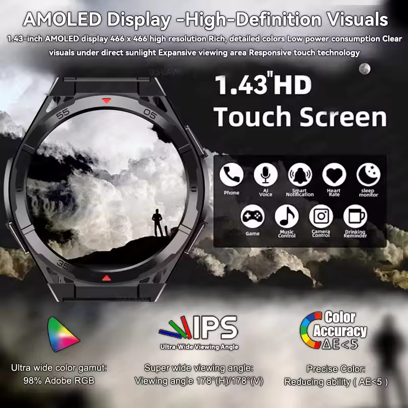 GUHUAVMI Outdoor Smartwatch für Männer mit integriertem GPS, 1,43 Zoll AMOLED Display, Kompass und Bluetooth Anruffunktion, 3ATM Wasserdicht, Schwarz/Silber - Bild 2