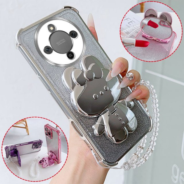 Stoßfeste Honor Handyhülle mit Hasen-Motiv, drehbarem Ständer und Kristall-Lanyard in Pink für Honor Magic8 Lite Magic7 6 5 4 Lite - Bild 1