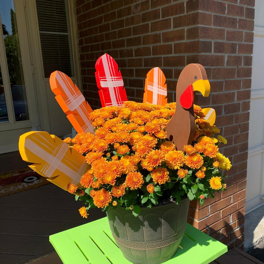 Buntes Thanksgiving Truthahn Pflanzgefäß aus Holz mit realistischem Truthahnkopf und Federn, Farbe: Mehrfarbig - Bild 4