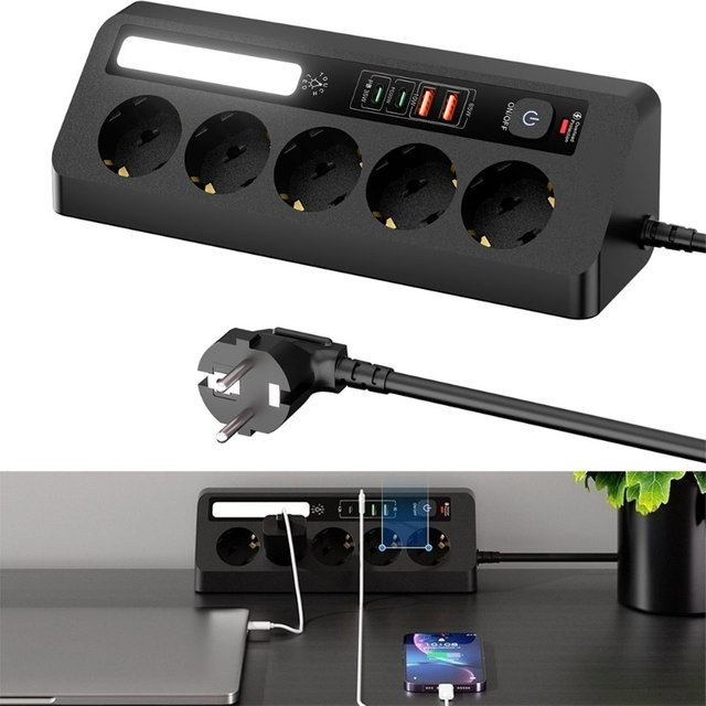 Wandmontierte Tisch-Ecksteckdose in Schwarz mit 5 Steckdosen, 2 USB-C-Anschlüssen und 90 Grad Dreieckdesign - Bild 1