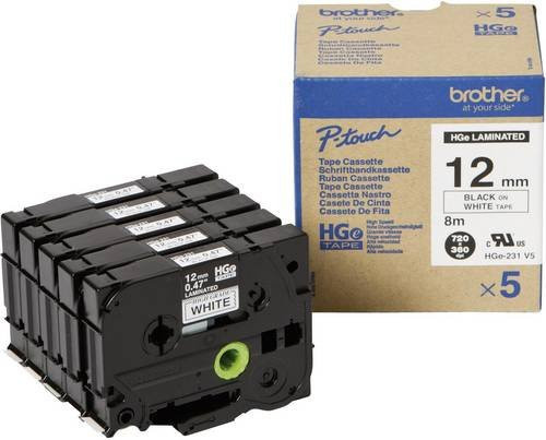 Brother HGe-231V5 Schriftband 5er Set mit weißem Band und schwarzer Schrift, Breite: 12 mm, Länge: 8 m pro Band - Bild 1