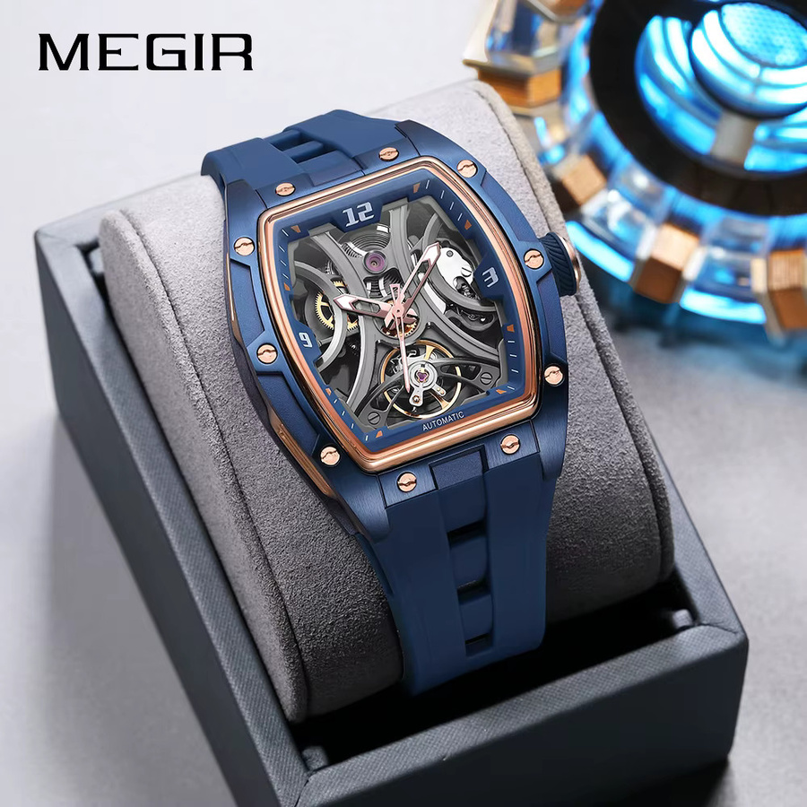 MEGIR Armbanduhr Automatik, Tonneau, Weiß, Silikon, Herren - Bild 3